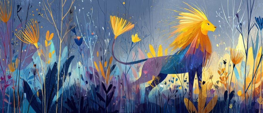 Colorful lion illustration in a whimsical floral landscape Fantasy art of a majestic lion in a vibrant, stylized garden Concept of wildlife, nature, and imagination
