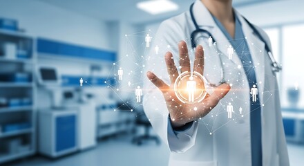 Doctor s glowing hand reaching through network of light and human symbols stethoscope around their neck white coat in