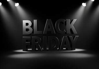 Black Friday sale promotion concept with bold 3D letters illuminated by spotlights on a dark background. 3D render illustration.