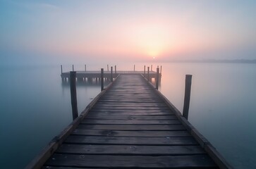 Fototapeta premium Serene Sunrise Misty Lake Wooden Jetty Calm Water ai generated