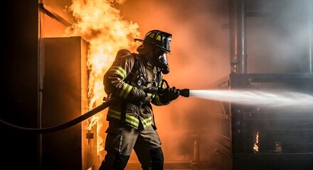Firefighter in protective gear spraying water from a hose, for fire safety and emergency services concepts