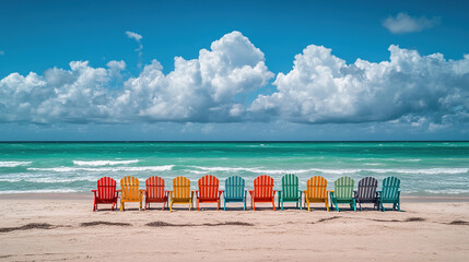 Beach chairs ocean view: colorful adirondack chairs on sand near ocean and blue sky for summer vacation