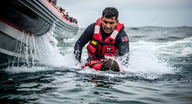 Man in wetsuit and life vest assisting a child in the water near an inflatable boat, ideal for themes of rescue, safety, and humanitarian aid