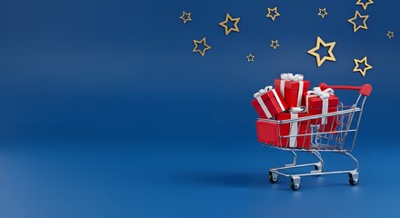 Festive Holiday Shopping Cart Overflowing with  Red Gift Boxes and White Ribbons Under  twelve Gold Stars — Seasonal Celebration Illustration for E-Commerce, Christmas Promotions, and Gift Campaigns