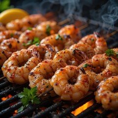 juicy shrimp skewers grilling over an open flame on a barbecue grill