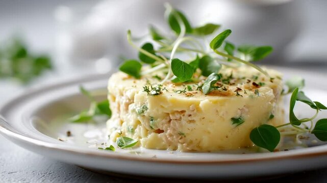 Culinary creation showcasing traditional Peruvian causa with fresh herbs and vibrant toppings