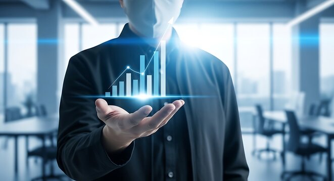 Glimmering data chart floats above open palm black suit and bright face mask success against a clean light office