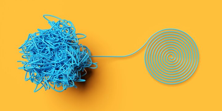 Tangled blue wire knot or ball transforms to spiral over yellow background, chaos or problem solution business concept