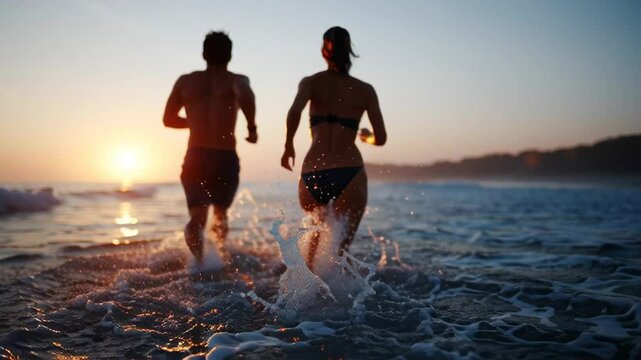 A couple joyfully sprints through gentle ocean waves, water splashing around them as the sun sets on the horizon, casting a warm golden glow over the peaceful beach setting - Powered by Adobe
