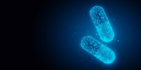 Two blue glowing low-poly wireframe pills or medical capsules on dark background with copy space, science, bio technology or medical background concept