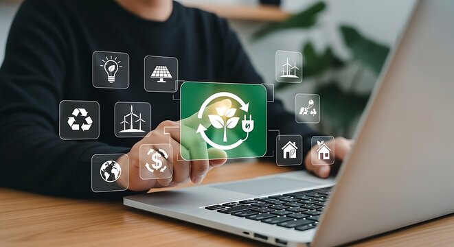 Man s hand touching vibrant green energy transition icon on laptop bathed in soft office light reflecting on metallic