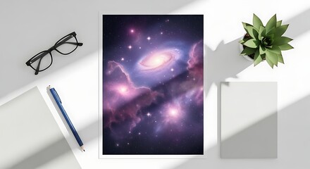 Galaxy Space Print Displayed on Desk with Shadows and Stationery