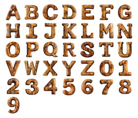 3D numbers and letters text made of Cedar Wood isolated on a white transparent background
