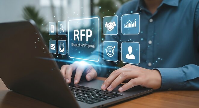 Person typing on a sleek laptop illuminated by glowing RFP icons capturing the modern edge of business efficiency a