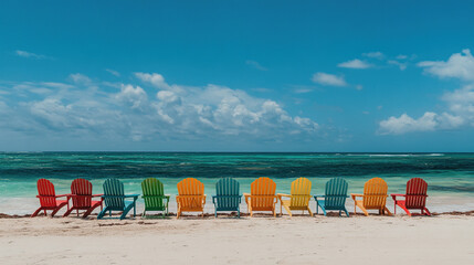 Colorful beach chairs on tropical beach for vacation rentals and summer holiday travel destinations getaway