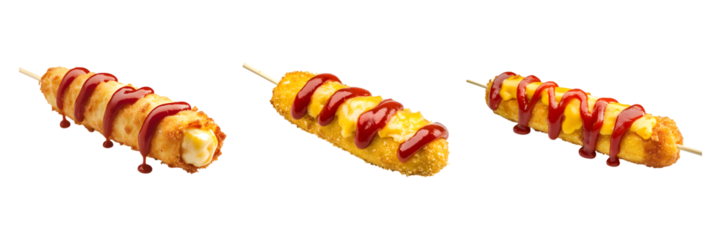 Cheese corn dog with crispy coating, melted cheese filling, and ketchup drizzle isolated on transparent background, cut out
