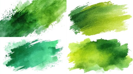 Four textured watercolor strokes in varying shades of green, each isolated against a white backdrop
