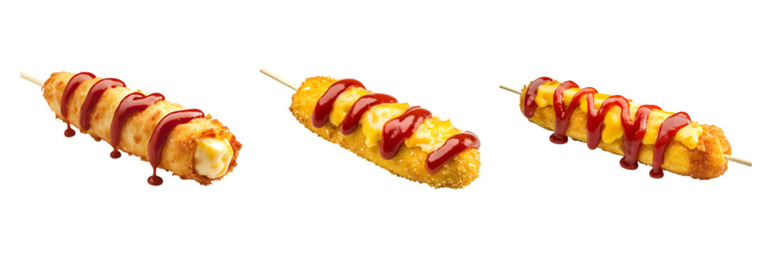 Cheese corn dog with crispy coating, melted cheese filling, and ketchup drizzle isolated on transparent background, cut out - Powered by Adobe