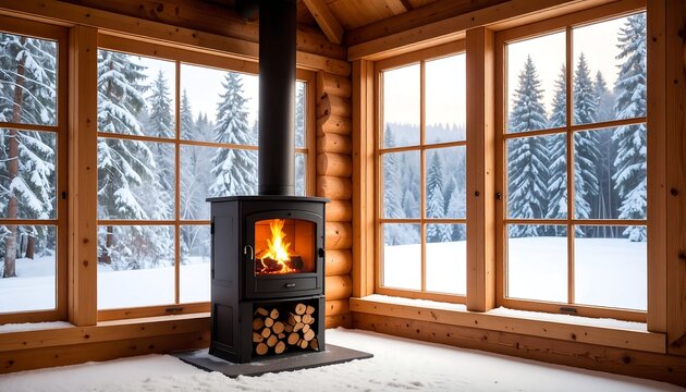 Cozy log cabin with fireplace and snowy view - Powered by Adobe