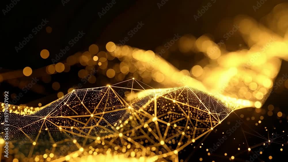Aufkleber abstract golden network of connections and glowing bokeh lights floating in a dark space, future tec