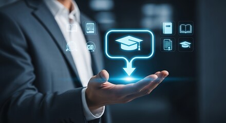 Elegant hand offering a glowing graduation cap symbolizing education and digital learning with bright blue tech icons