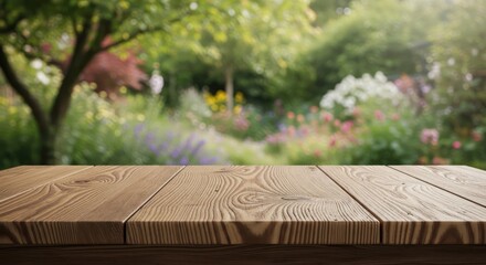 Wooden table foreground with a blurred, lush garden scene in the background, showcasing nature.