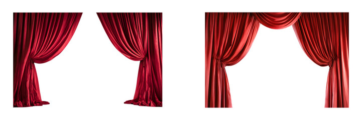 Set of Red stage curtains opened to reveal empty white space in the center isolated on transparent background, cut out