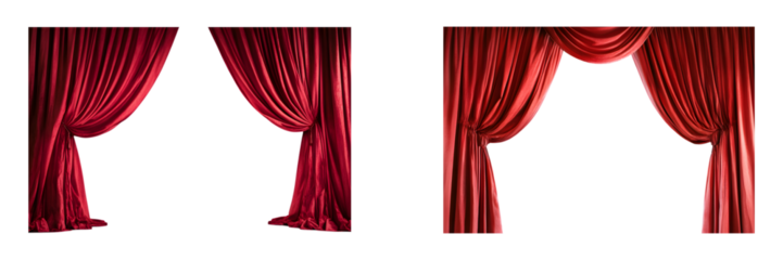 Set of Red stage curtains opened to reveal empty white space in the center isolated on transparent background, cut out