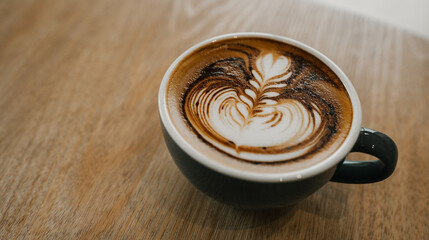 coffee latte art on wood table,A perfectly brewed cappuccino adorned with beautiful latte art, ideal for a morning treat or cafe indulgence.