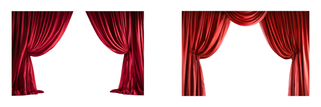 Set of Red stage curtains opened to reveal empty white space in the center isolated on transparent background, cut out - Powered by Adobe