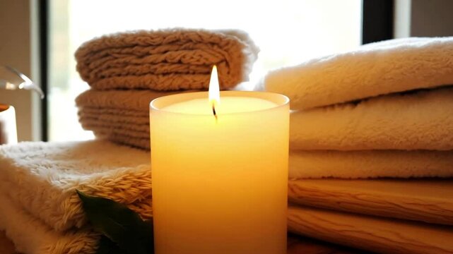 Peaceful spa setting featuring a glowing candle surrounded by soft brown towels creating a warm, relaxing atmosphere. Perfect for wellness, self-care, and therapeutic content with copy space