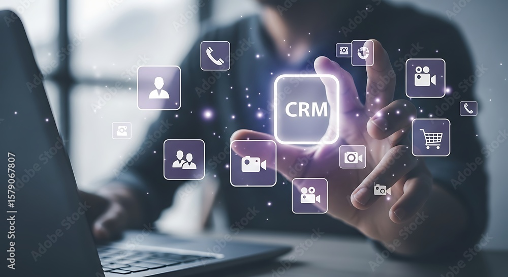 Poster digital engagement a man touches a luminescent crm interface icons glowing representing the future o