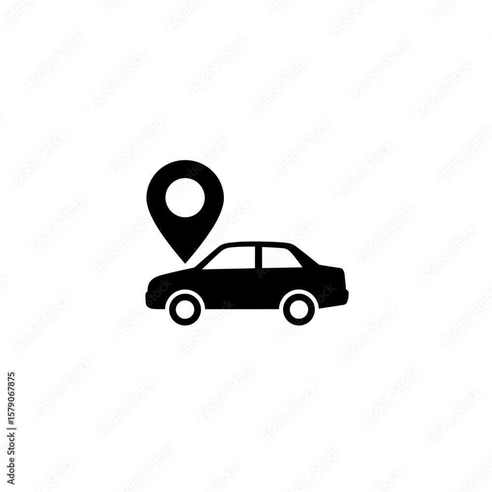 Poster car location icon: a minimalistic icon showing car with location pin symbol for mapping application.