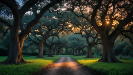 Tree lined road with sunrise in nature scene