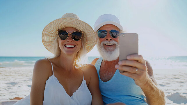 Senior couple beach vacation taking selfie with smartphone happy retirement travel destination summer holiday