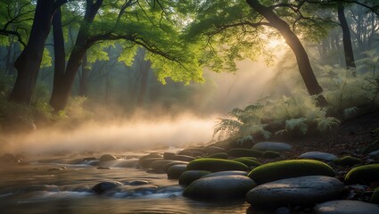 Stream flowing in misty forest with mossy rocks landscape