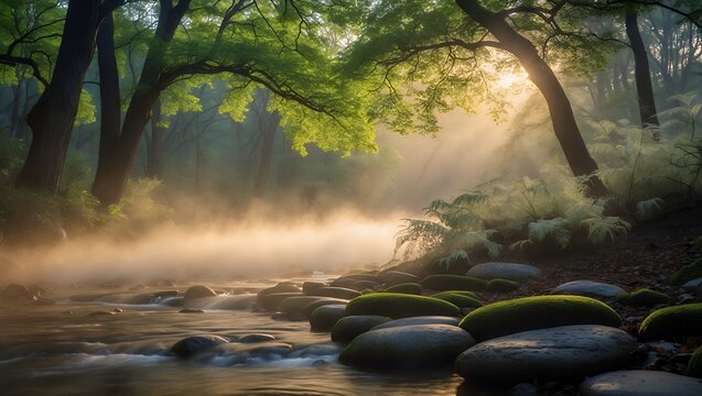 Stream flowing in misty forest with mossy rocks landscape