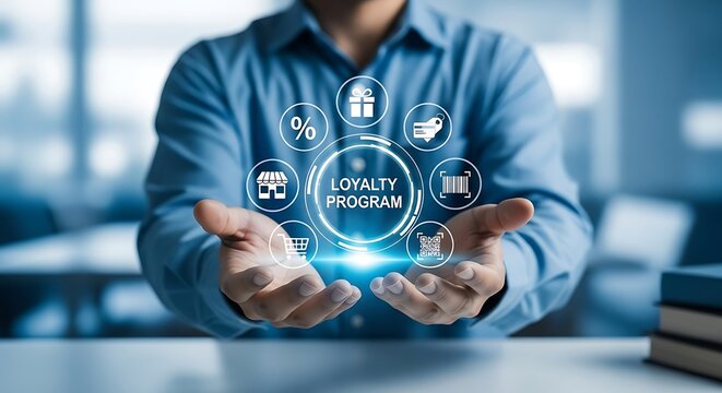 Floating loyalty program glows in a businessman s palms digital icons shimmering the azure shirt crisp promising rewards