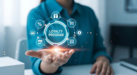 Luminescent Loyalty Program hovers above cupped hand Teal shirt glowing icons symbolize rewards customer connection with
