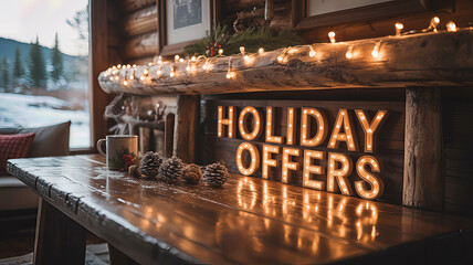 'Holiday Offers' sign with marquee lights on a wooden mantel in a cozy, rustic winter cabin. A warm and inviting scene for seasonal sales and promotions.