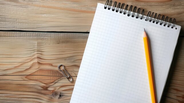 Back to school essentials with notebook and pencil on wooden surface. Top view. Horizontal banner. Copy space. Knowledge Day. Mockup, template for school, university, business