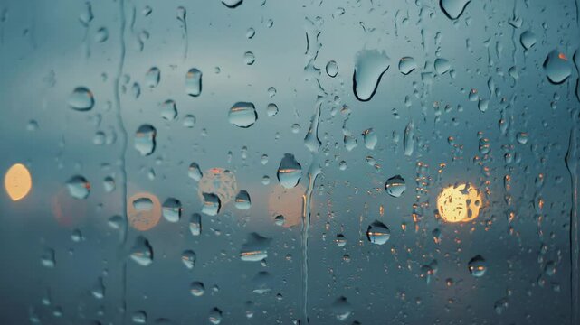 A peaceful road trip through nature during the rain, with water droplets streaking across the car windshield