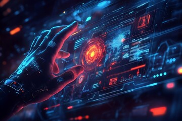 Human hand interacting with a futuristic holographic interface displaying complex data and world map with glowing elements