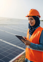 Obraz premium Engineer in Hijab Inspecting Solar Panels with Tablet for Clean Energy