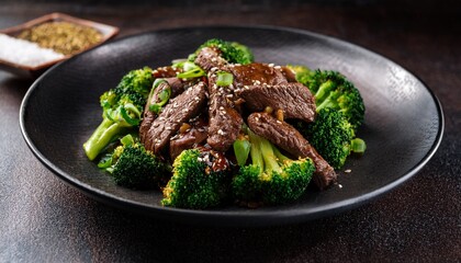 delicious stir fried beef and broccoli dish in a dark plate
