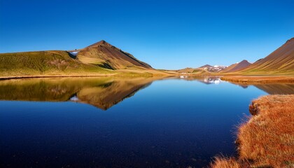 perfectly still lake reflects the golden slopes of a plateau in western iceland under a clear blue sky capturing symmetry simplicity and untouched natural beauty