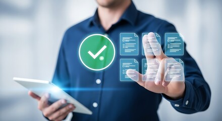 Streamlined efficiency A man in navy interacts with digital documents using a tablet illuminated by a bright
