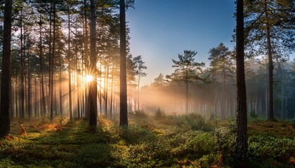 sunrise in a foggy forest with bright sun shining through the trees