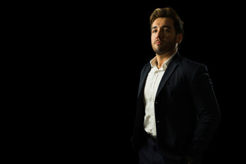 Serious businessman posing in studio with black background