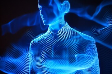 Abstract human form created with glowing blue light lines against a dark background representing technology and future